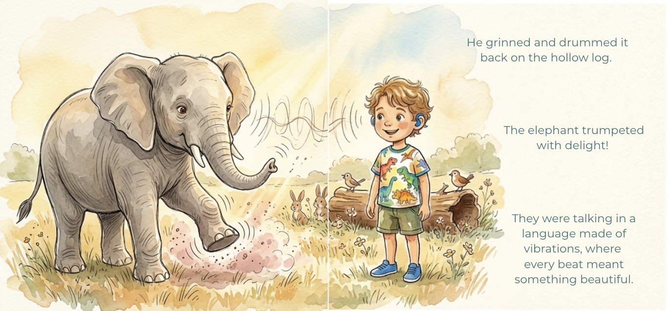 Watercolor two-page storybook spread showing a smiling child wearing a blue hearing aid beside an elephant; the child drums on a hollow log and the elephant responds through sound and vibration